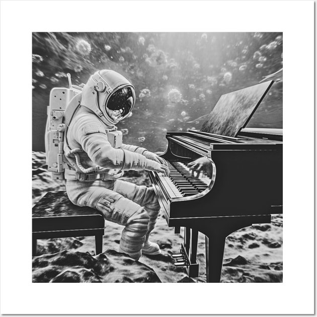 Astronaut Playing Piano Symphony on a Water Planet (Black and White), Cosmic Crescendo Wall Art by Nebula Nexus